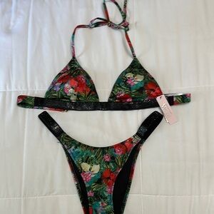 Victoria's Secret Green and Red Bikini Set with Classic Triangle Top